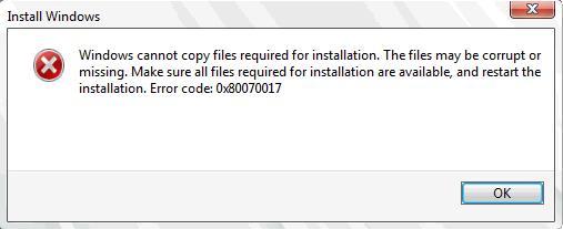 Windows не удалось скопировать файлы из sources 0x80070017