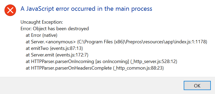 JavaScript error occurred in the main process 1